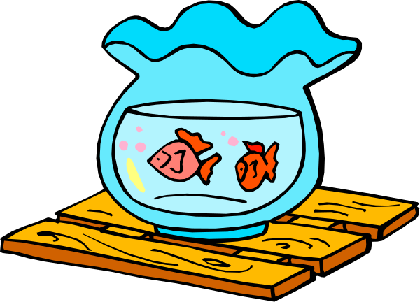 The image shows a cartoon depiction of an aquarium with two fish inside on top of what appears to be wooden planks forming part of a dock-like structure in water.