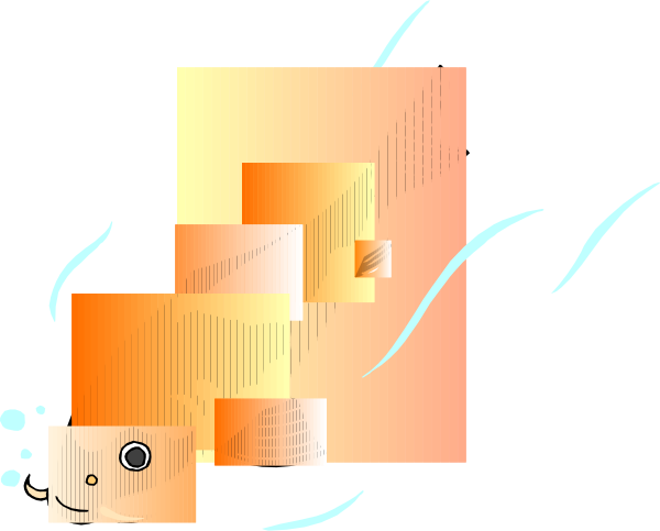The image shows a fish swimming through an abstract background with geometric shapes that resemble paper cutouts of various sizes floating around it.