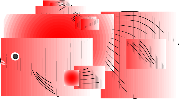The image shows a red fish with white spots swimming upwards against an abstract background that includes geometric shapes like squares and rectangles in various sizes and orientations.
