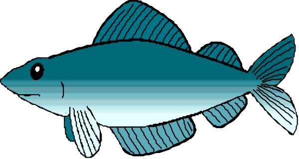 The image shows a cartoon fish with blue stripes on its body against a black background.