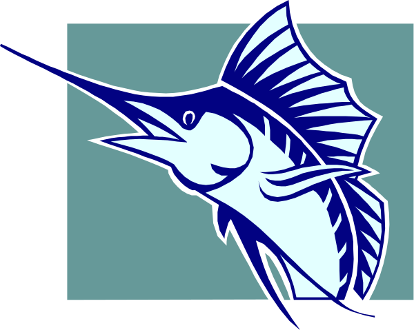 The image shows a blue fish with an open mouth against a white background inside what appears to be a window frame.