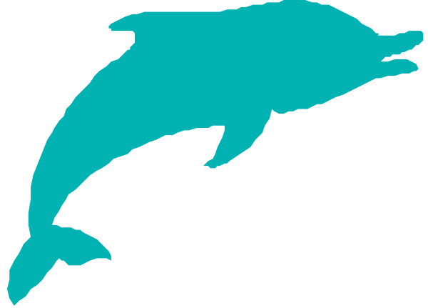 The image shows a blue dolphin swimming underwater with its head above water near an oceanic scene background.