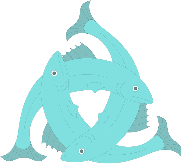 The image shows three fish swimming around each other with a trident symbol at their center on what appears to be an underwater background.