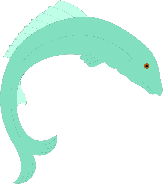 The image shows a stylized illustration of an aquatic creature resembling a fish with large fins on its back swimming in water against a dark background.