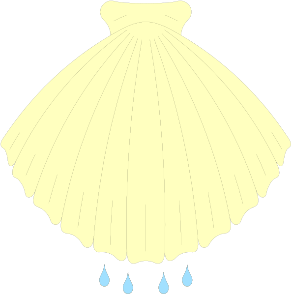The image shows a yellow dress with raindrops falling from it onto two black silhouettes of women's heads on either side at bottom; above is an open umbrella in profile view against white background, suggesting that one woman might be holding this umbrella to shield herself and the other.