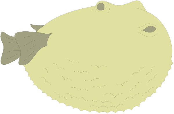 The image shows a cartoon of an orange fish with fins swimming underwater next to what appears to be seaweed on its right side.