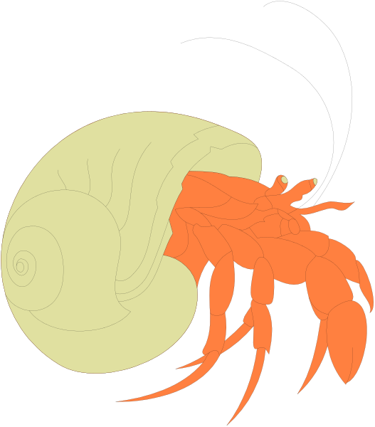 The image shows a cartoon lobster with red claws emerging from its shell to attack an open snail that is being eaten by it.