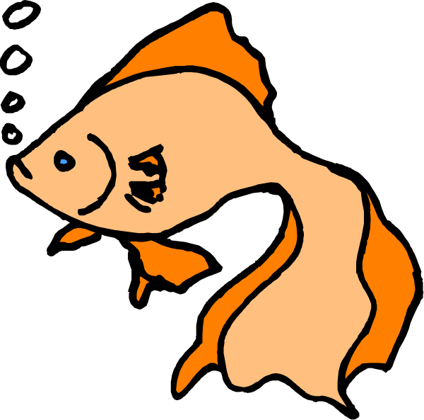 The image shows a cartoon of an orange fish with white eyes swimming underwater next to what appears to be coral reefs in black background.