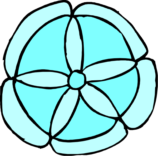 The image shows a stained glass window with blue background featuring an intricate design of white lines forming geometric shapes resembling flowers within circular frames.