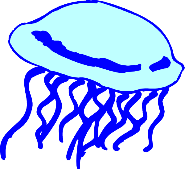 The image shows a blue jellyfish with tentacles floating on water against a black background.