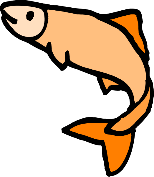 The image shows a cartoon of an orange fish with black eyes swimming next to what appears to be its tail fin on either side in front of it against a dark background.