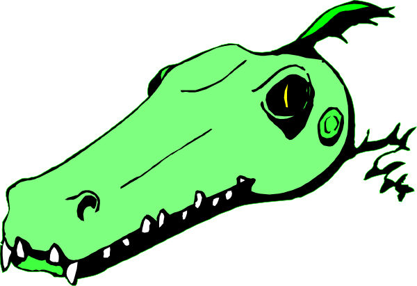 The image shows a cartoon alligator with an open mouth against a black background.