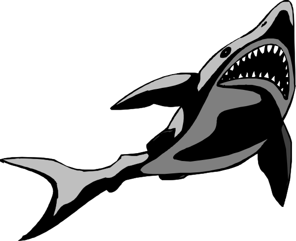 The black silhouette of a shark with an open mouth against a dark background.