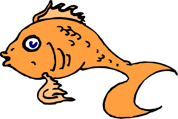 The image shows a cartoon of an orange fish with blue eyes lying on its side next to what appears to be watermarked text that reads "Fish."