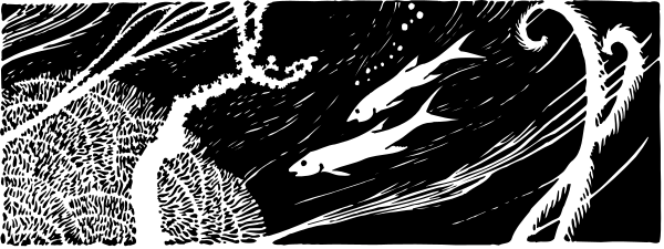 The image shows a black and white abstract design with various shapes that resemble trees against an indistinct background.