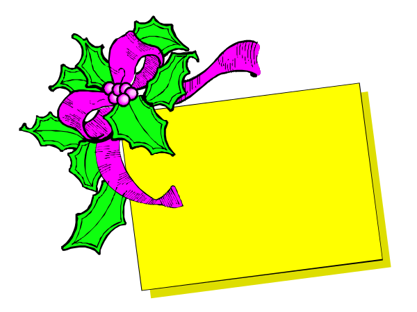 The image shows a Christmas card with holly on top left corner, yellow background inside an envelope shape, purple ribbon bow in center right side of card, and red berries at bottom right corner.