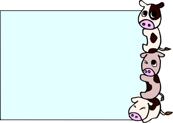 The image shows a cartoon of three cows peeking out from behind what appears to be an open book with pages showing pigs on one side and chickens on another; it's set against a plain background, suggesting that this is part of a larger scene or story involving farm animals in various roles.