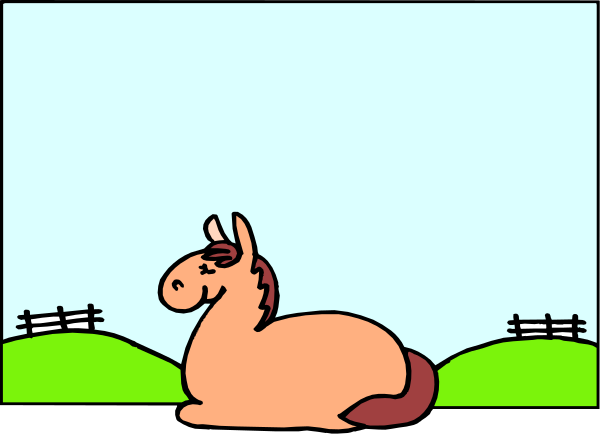 The image shows a cartoon of two horses: an adult horse standing on grass next to water with hills behind it; below that is another smaller scene depicting one brown pony lying down in front of green bushes and trees, suggesting rest after exercise or playtime.