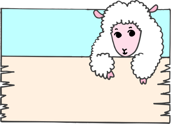 The cartoon shows a sheep standing on sandy ground next to water with waves crashing against it; there is no text present in this image.
