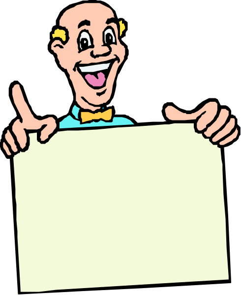 The cartoon shows a man holding up an empty sign with his hands while standing on what appears to be a stage; he is wearing glasses and has white hair.
