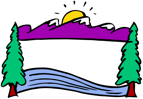 The image shows a stylized landscape with mountains under a blue sky at sunset, featuring trees on either side of what appears to be water flowing through them towards snow-capped peaks in the background; there is no text present within this clip art illustration.