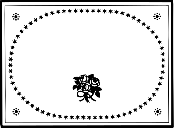 The black and white illustration shows a decorative border with an oval design at its center featuring stars around it on either side of what appears to be a rose motif in between two symmetrical floral patterns, all within a rectangular frame that has intricate detailing along the edges; there is no text or action depicted.