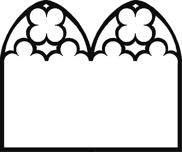 The black and white illustration shows a stained glass window with three arches on top of each other against an unadorned background.