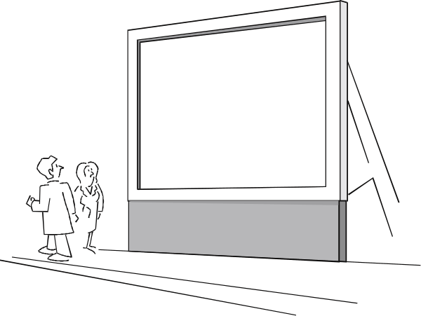 The black and white illustration shows a large screen displaying an empty presentation slide with two stick figure characters standing on either side of it in front of what appears to be a projector stand.