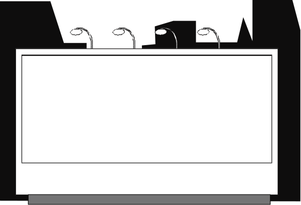 The image shows a black and white cartoon of an empty podium with three microphones on top at what appears to be a conference room setup for public speaking events.
