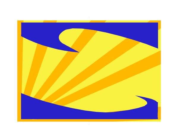 The image shows a blue sky with yellow sunbeams on top of what appears to be an abstract design resembling waves in shades of orange and white against a darker background at bottom right corner.