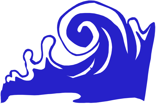 The image shows a stylized blue wave with white swirls on top of it against a dark background.