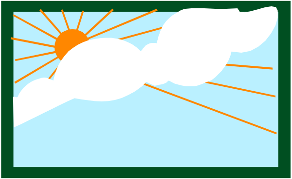 The picture shows a window with an illustration of sunshine rays coming through it onto clouds below on what appears to be a clear day outside.