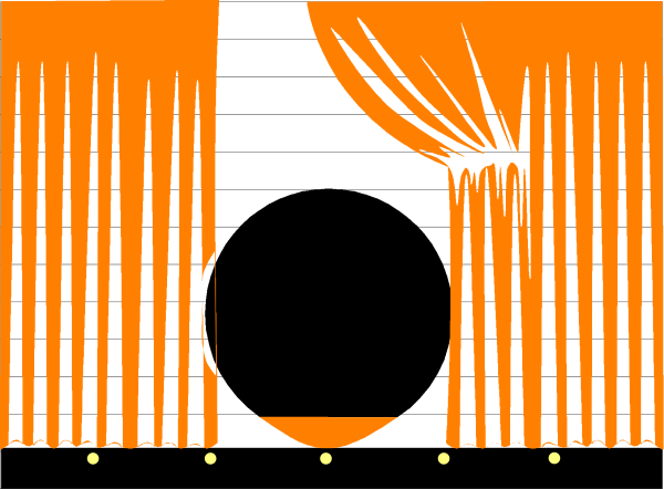 The image shows a black silhouette of an animal on top of what appears to be orange bars with white dots in front of them against a dark background.