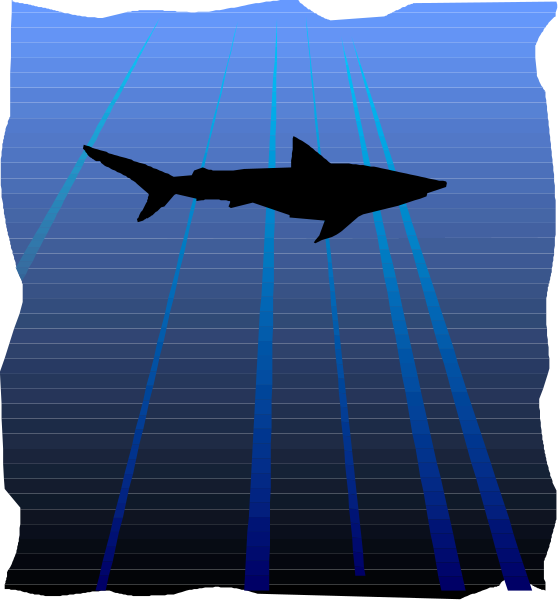 The image shows a shark swimming underwater with rays of light emanating from above it against an ocean backdrop; there is no text present in this clip-art illustration.