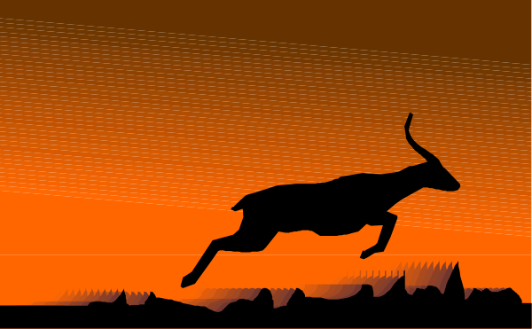 The image shows a silhouette of an antelope running on what appears to be a savannah at sunset with orange hues in the sky.