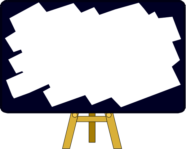The image shows a simple scene with an easel on which there's no canvas placed against a dark background; to its right is what appears to be a blank whiteboard leaning at an angle over another surface, possibly for writing purposes.