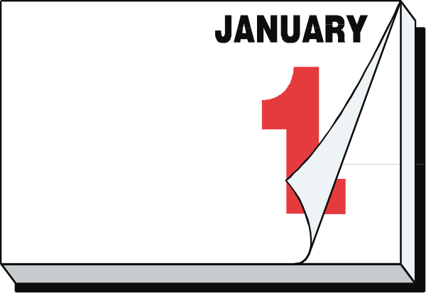 The image shows a calendar with January highlighted on it, indicating that today's date is 1st of January. There appears to be an arrow pointing from December towards January in this clip-art illustration. It also features text and numbers related to dates but does not depict any people or animals.