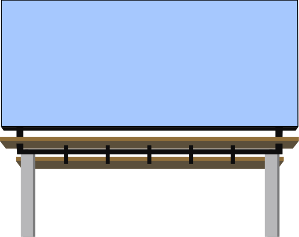 The image shows a pixelated representation of an advertisement billboard with no visible text on it placed next to what appears to be train tracks in front of a blue sky background.