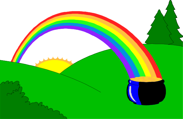 The picture shows a rainbow arching over an open field at night with trees on either side under a dark sky.