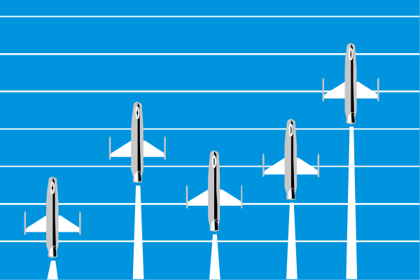 The image shows a collection of nine airplanes flying against a blue sky background with white lines indicating their paths; all planes appear to be fighter jets in flight formation.