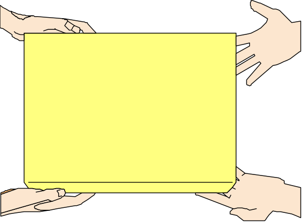 The image shows a yellow box with hands reaching towards it from different angles against a black background.