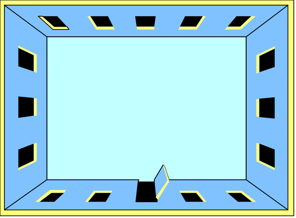 The image shows a simple blue floor plan of an interior space with four walls forming two rooms connected by openings; there is no furniture depicted in this clip-art illustration.