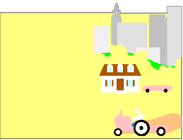 The image shows a pixelated scene with two houses on either side of what appears to be an alleyway leading towards another building in the background; there is no text present within this small clip-art image.