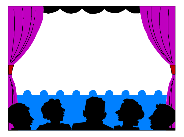 The image shows a theater stage with curtains drawn back to reveal an audience seated on chairs facing towards what appears to be a screen displaying silhouettes of three figures standing in front of microphones; there is no text present, and it's set against a dark background that suggests the interior space.