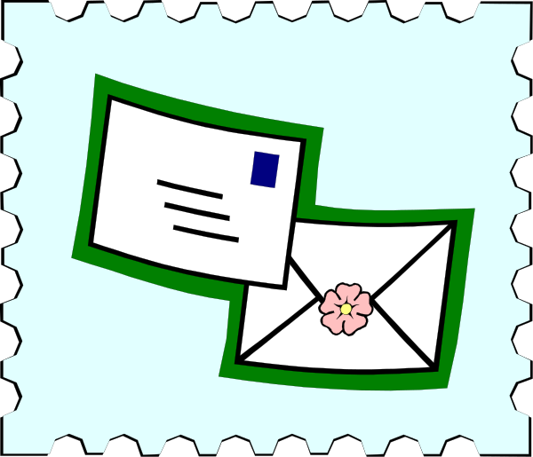 The image shows a stylized depiction of two envelopes with postage labels on them placed over an illustration that resembles mailboxes in front of what appears to be a blue background.