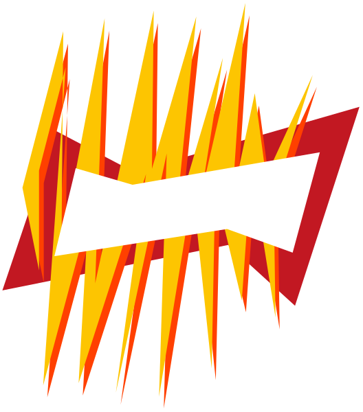 The image shows a graphic with abstract shapes resembling flames on either side of what appears to be an arrow-like shape in between them.