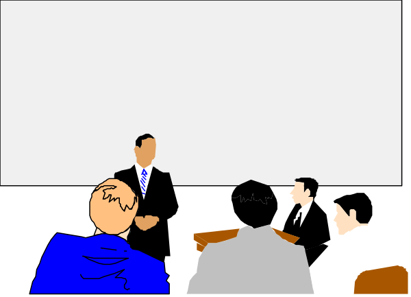 The image shows a group of five animated characters sitting around an office conference table with presentation screens behind them; there is no text present in this clip-art illustration.