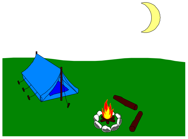 The picture shows a camping scene with an open tent on grass at nighttime under a dark sky; there's also firewood nearby and two small figures that could be humans sitting by what appears to be a bonfire, along with some other items like logs and possibly food or cooking utensils.