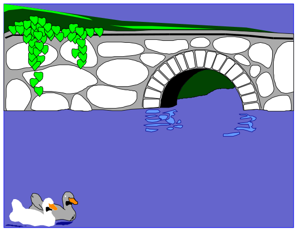 The image shows a cartoon of an old stone bridge with water flowing under it during daylight hours; there is no text present in this clip-art illustration.