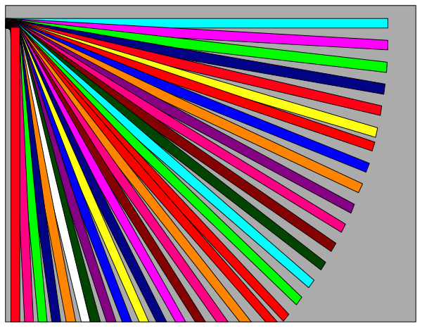 The image shows a colorful rainbow pattern with many stripes of different lengths against a gray background on what appears to be an electronic display screen in front of which there is another smaller rectangular shape resembling a window, and below it all sits atop a dark surface that could represent the floor.